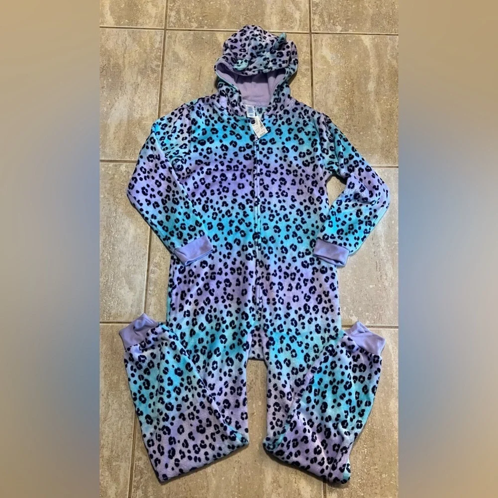 💜The Children's Place Girls Leopard cozy fleece sleepwear Onesie-SZ XL(14) NWT
